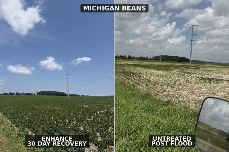 Two Michigan bean fields after flooding: on the left, Enhance-treated beans 30 days into recovery with a full green canopy; on the right, untreated beans post flood